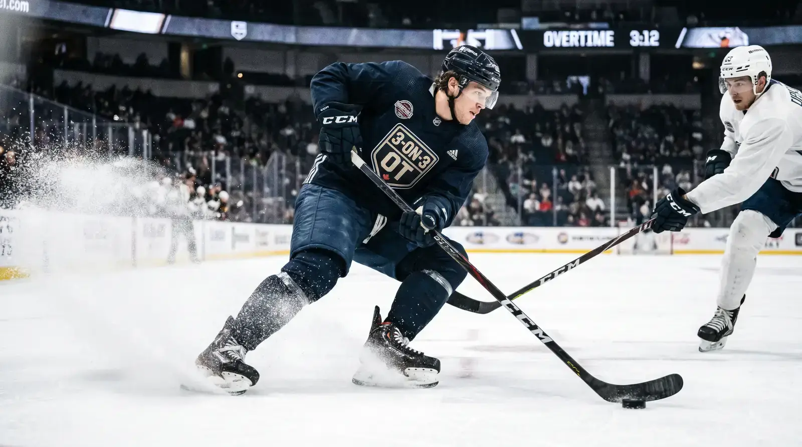 Elite hockey forward carrying the puck with speed during NHL three-on-three overtime