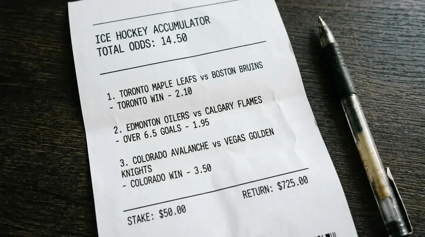 Betting slip showing a three-leg hockey accumulator with combined odds
