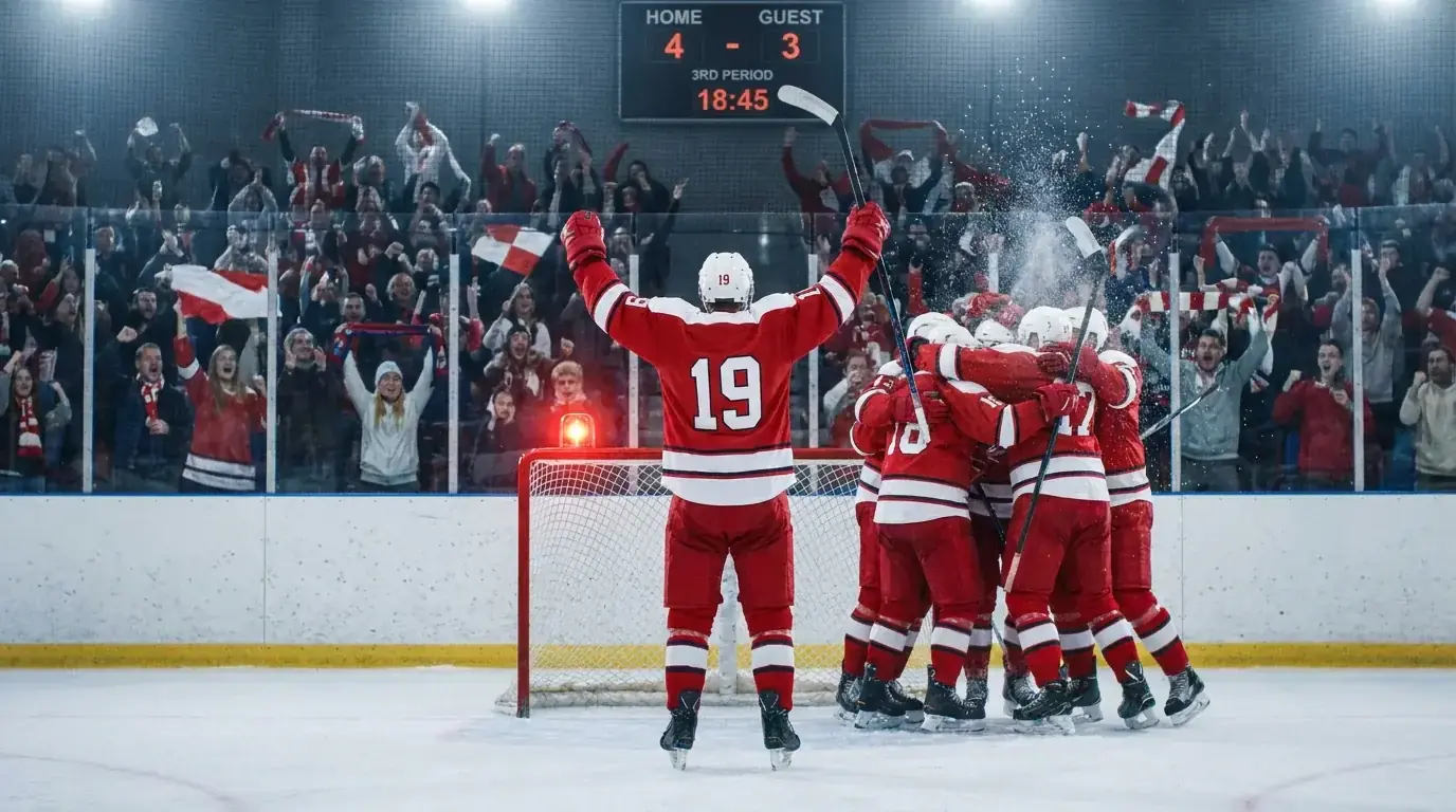 Hockey player celebrating a goal with teammates on the ice