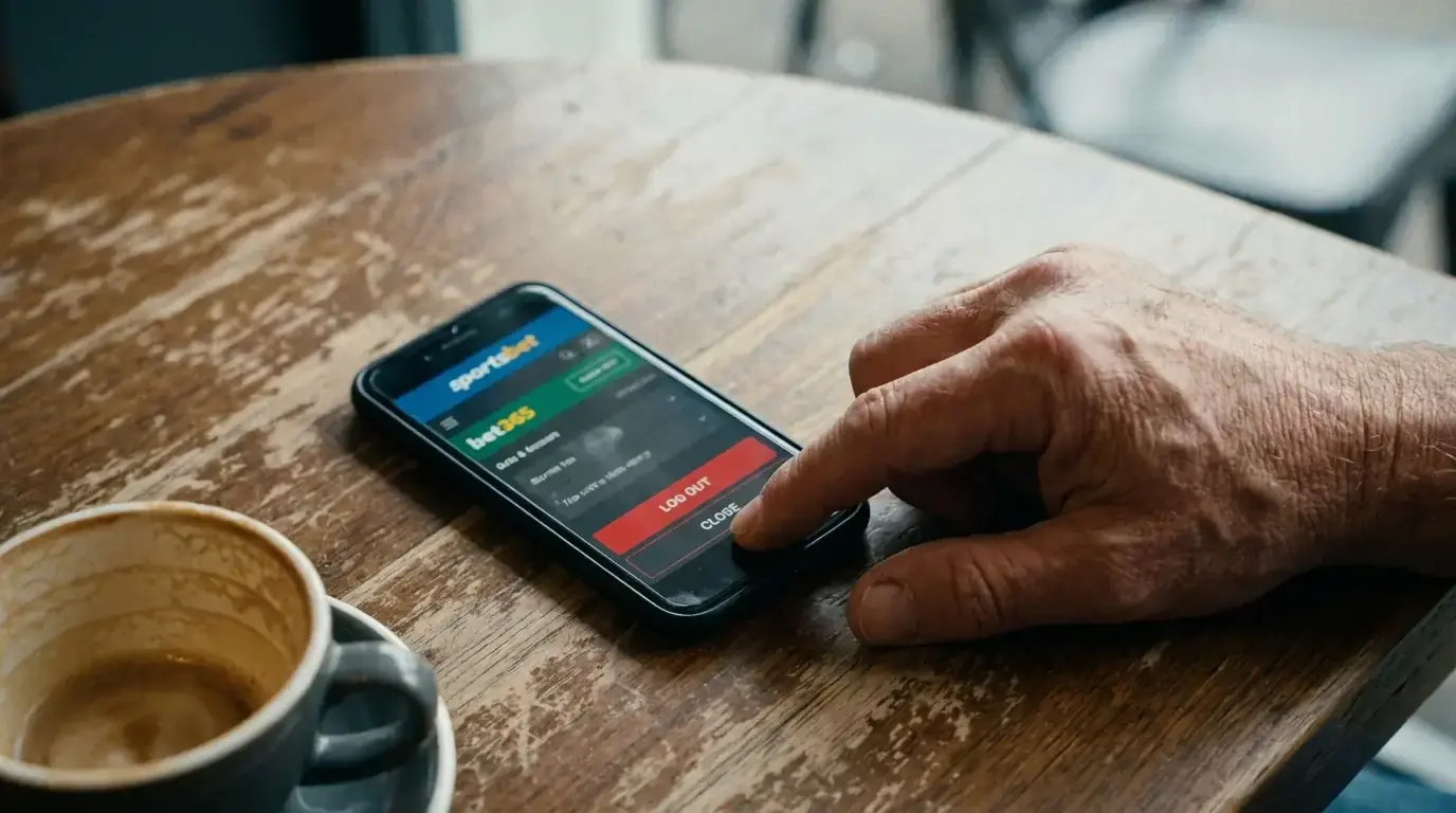 Person closing a betting app on their phone with discipline after a session