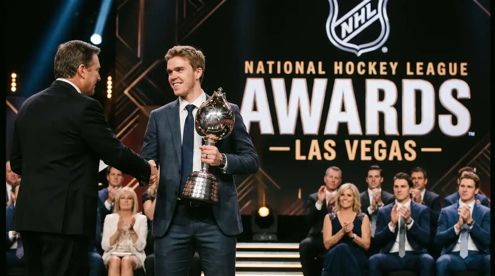 NHL player receiving an individual award trophy at a ceremony