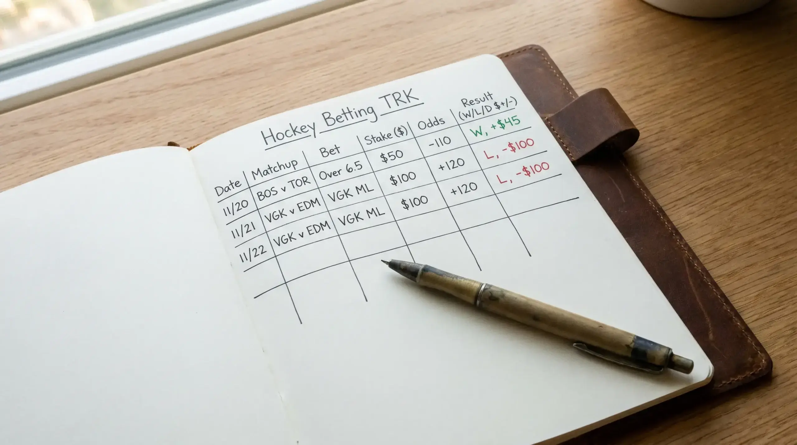 Notebook with a hockey betting tracking spreadsheet and pen on a desk