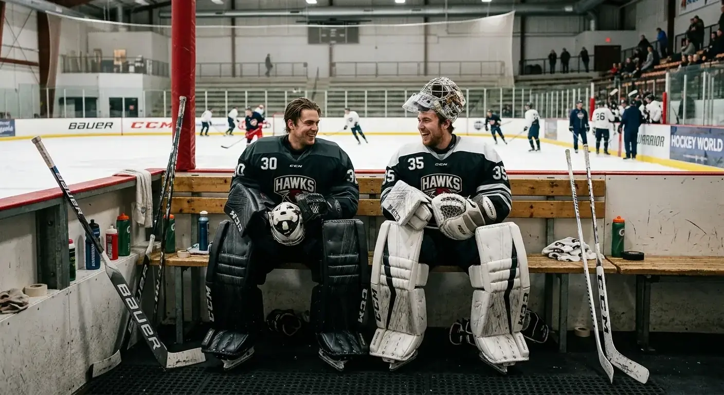 Two hockey goaltenders sitting on the bench together during team practice