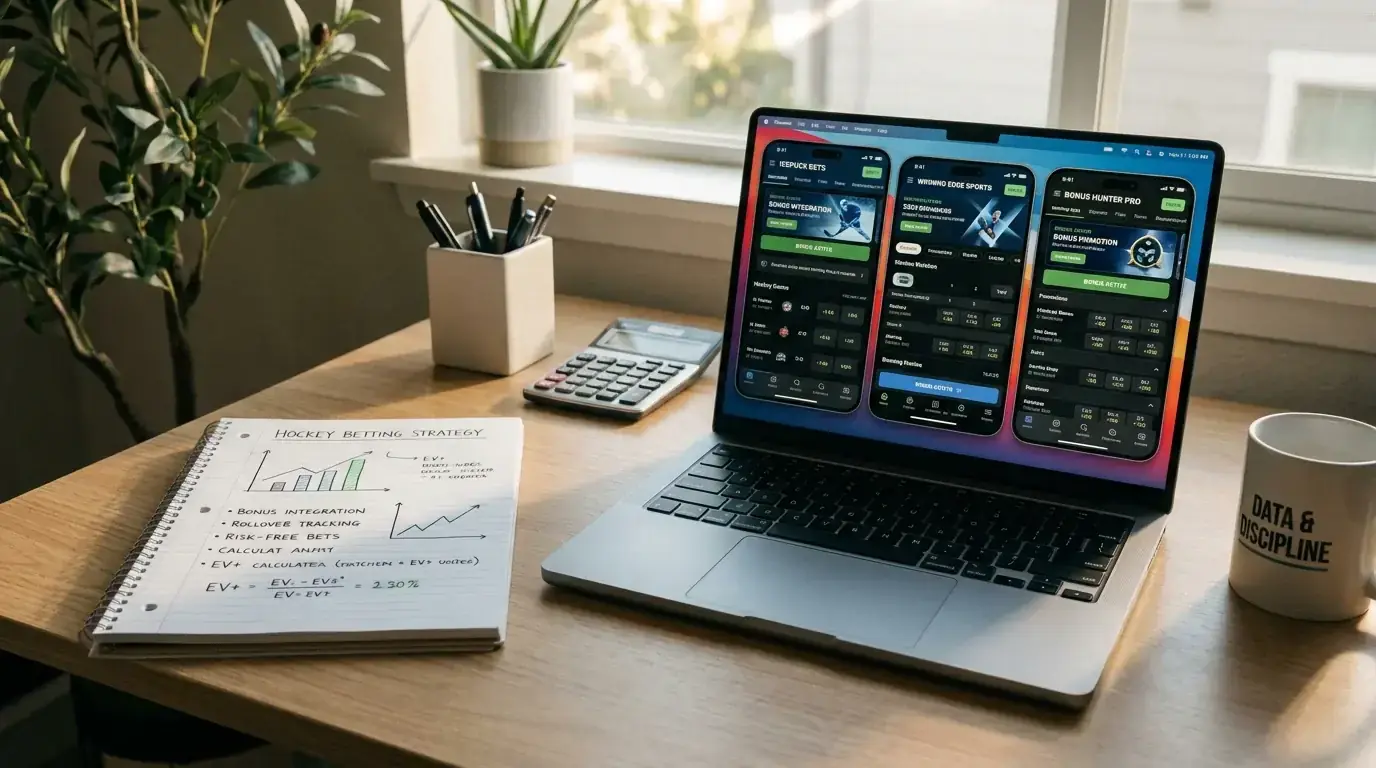 Organised desk with a hockey betting strategy notebook and bookmaker apps open