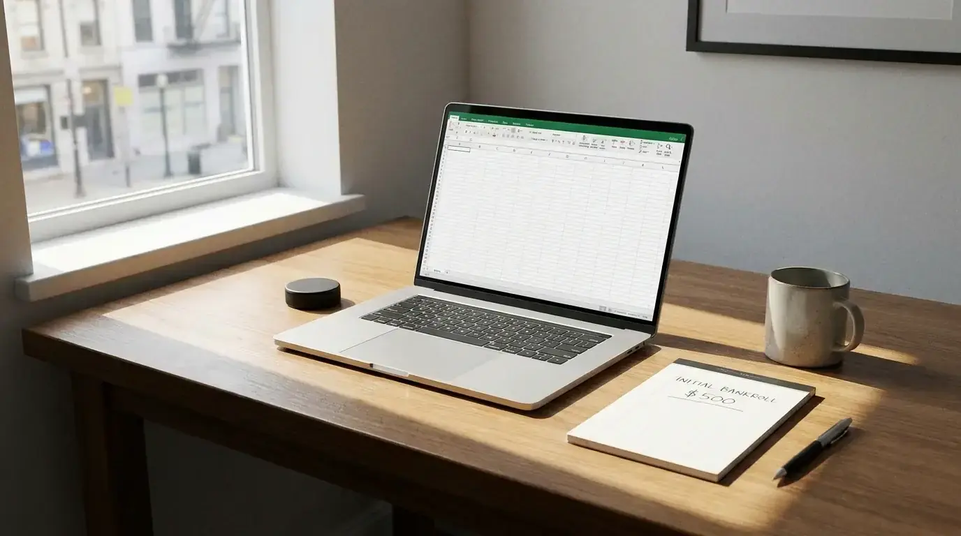 Simple desk setup with a laptop and notepad ready for hockey betting session