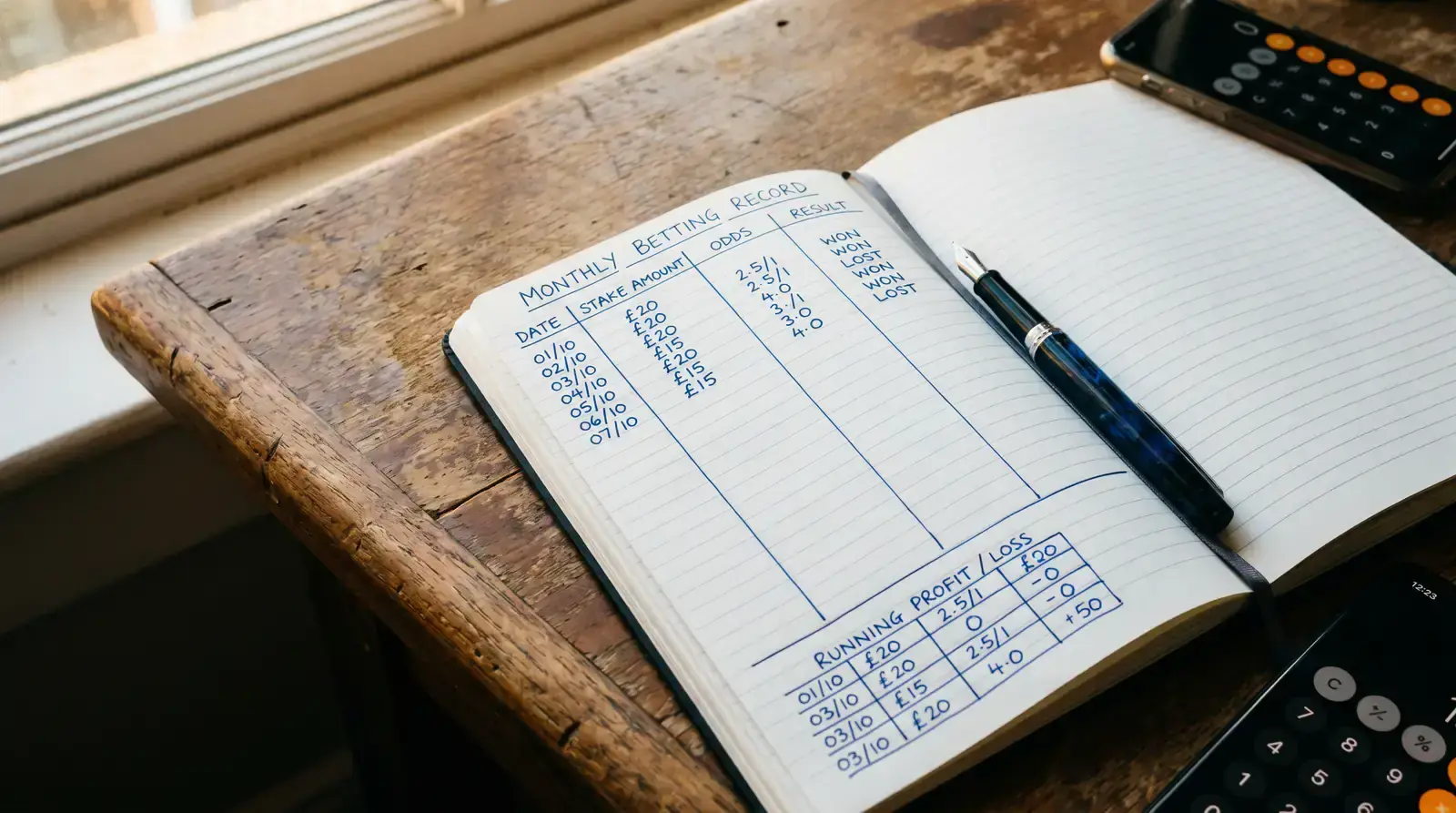 Notebook with a flat staking plan and monthly bankroll tracking entries