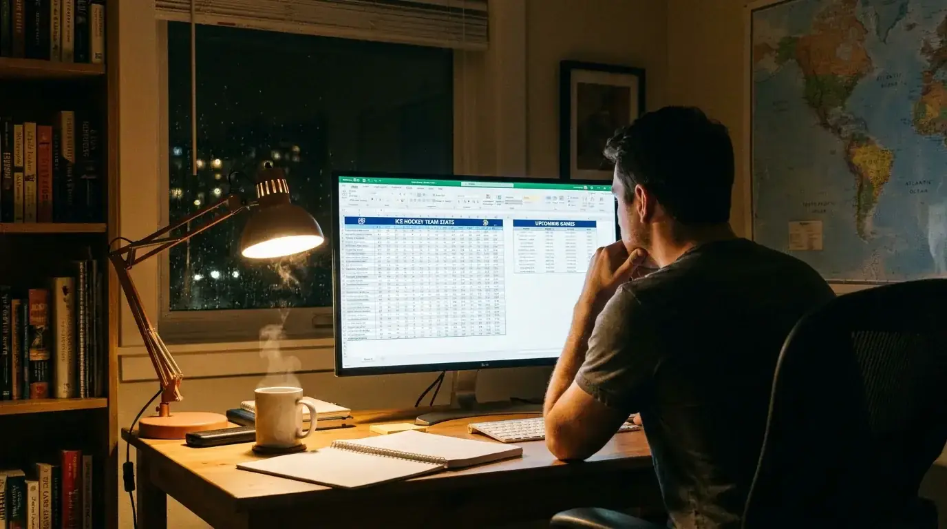 Person studying ice hockey statistics and betting data on a desktop screen