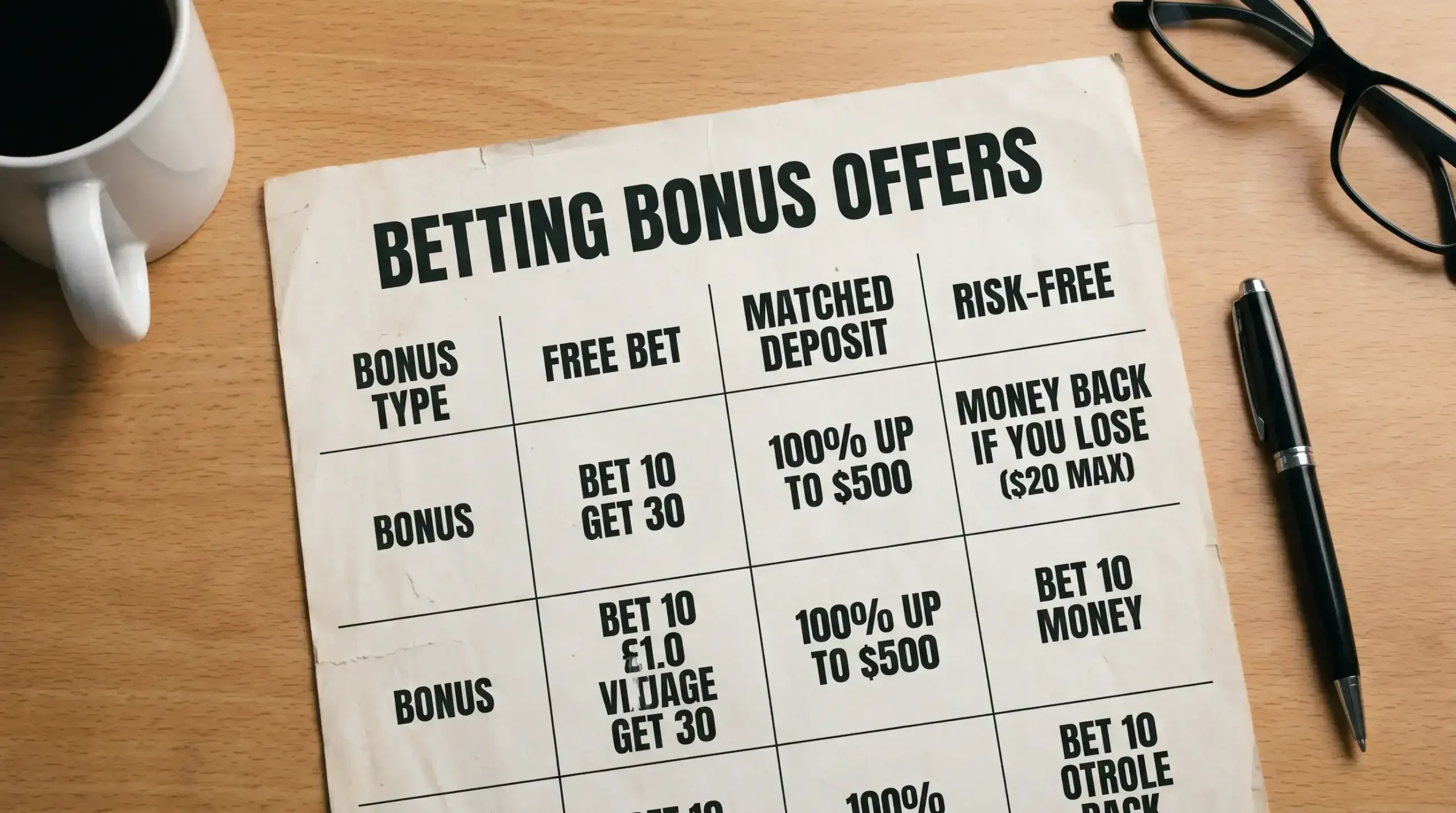 Comparison chart showing different types of hockey betting bonus offers