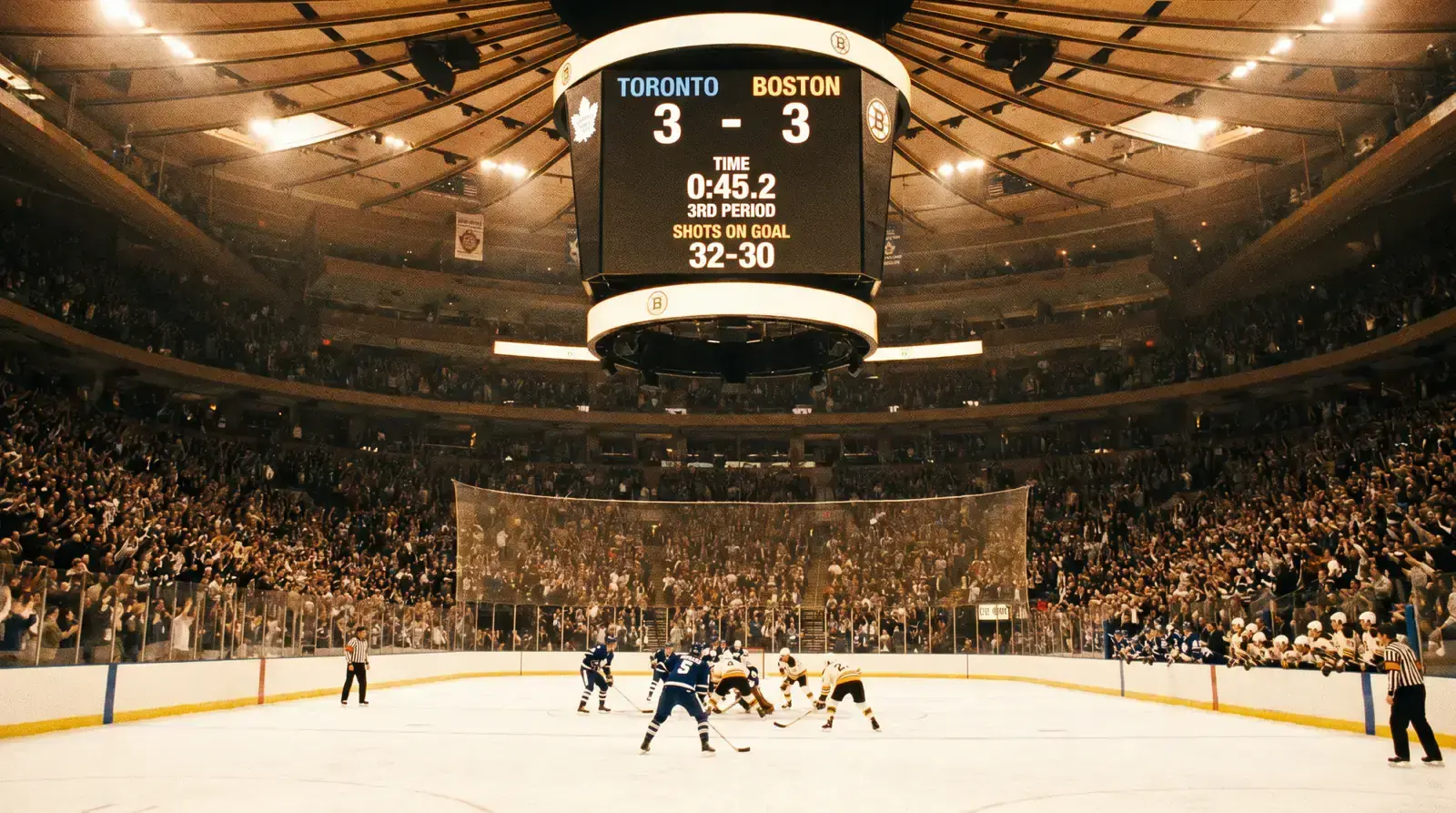 Hockey game in the third period with a close scoreline on the arena board