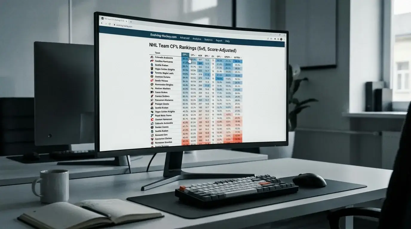 Hockey analytics screen displaying Corsi for percentage rankings across NHL teams