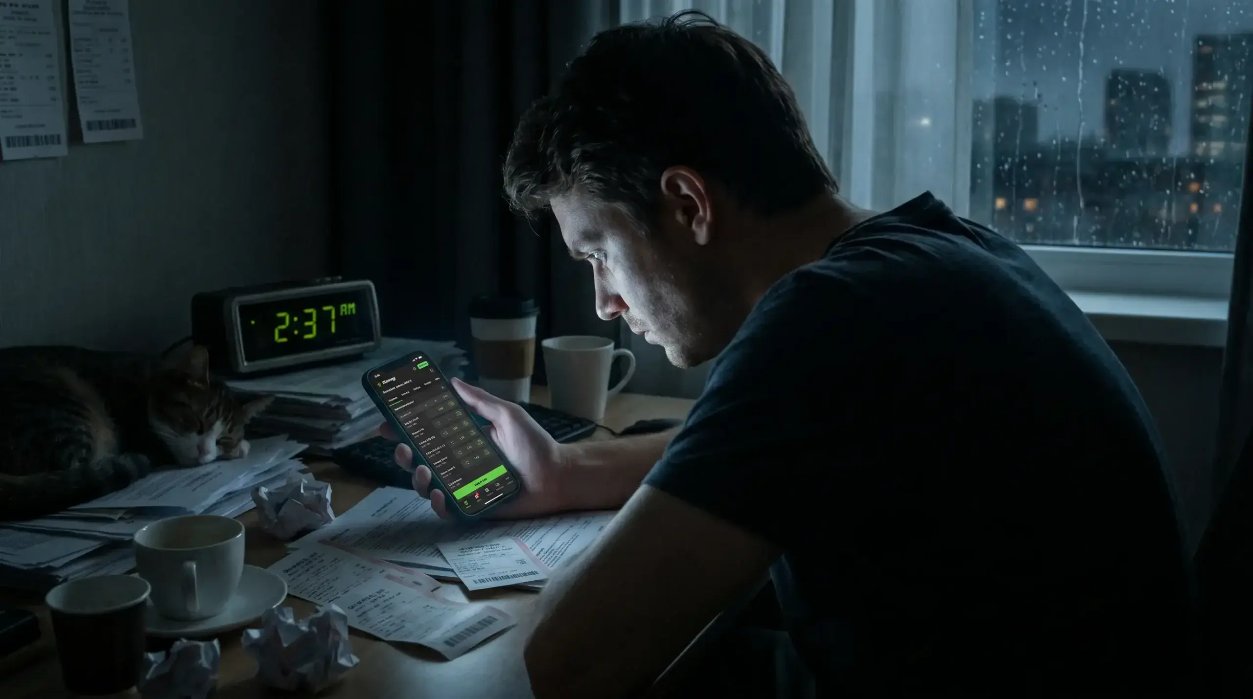 Person alone at night with a phone showing hockey betting markets