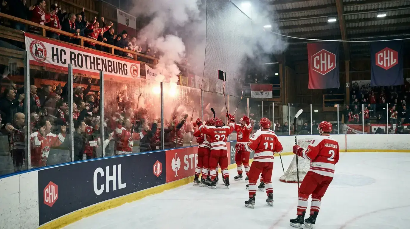 Smaller European hockey arena with passionate fans supporting their local CHL team