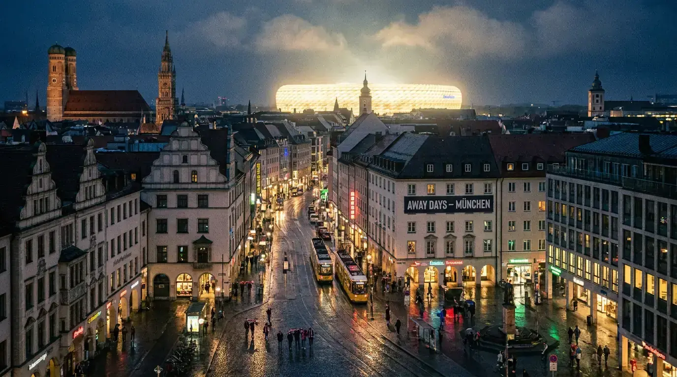 European city skyline at night representing team travel for an away CHL game