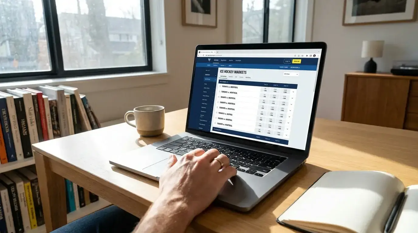 Person browsing hockey betting sites on a laptop with a UKGC licence visible