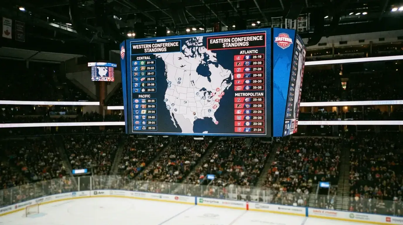 Eastern and Western Conference NHL team logos displayed on an arena screen
