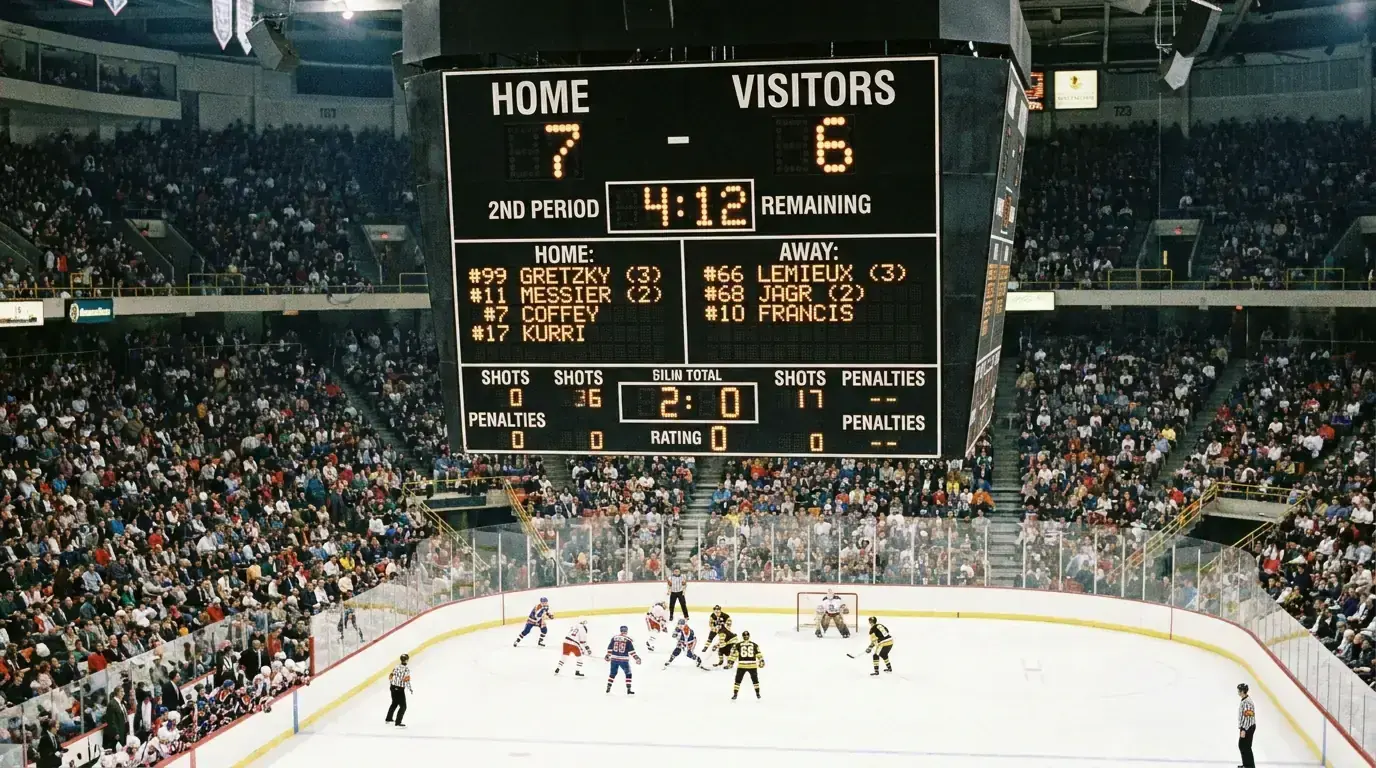 Hockey scoreboard showing goals and period details during a high-scoring game