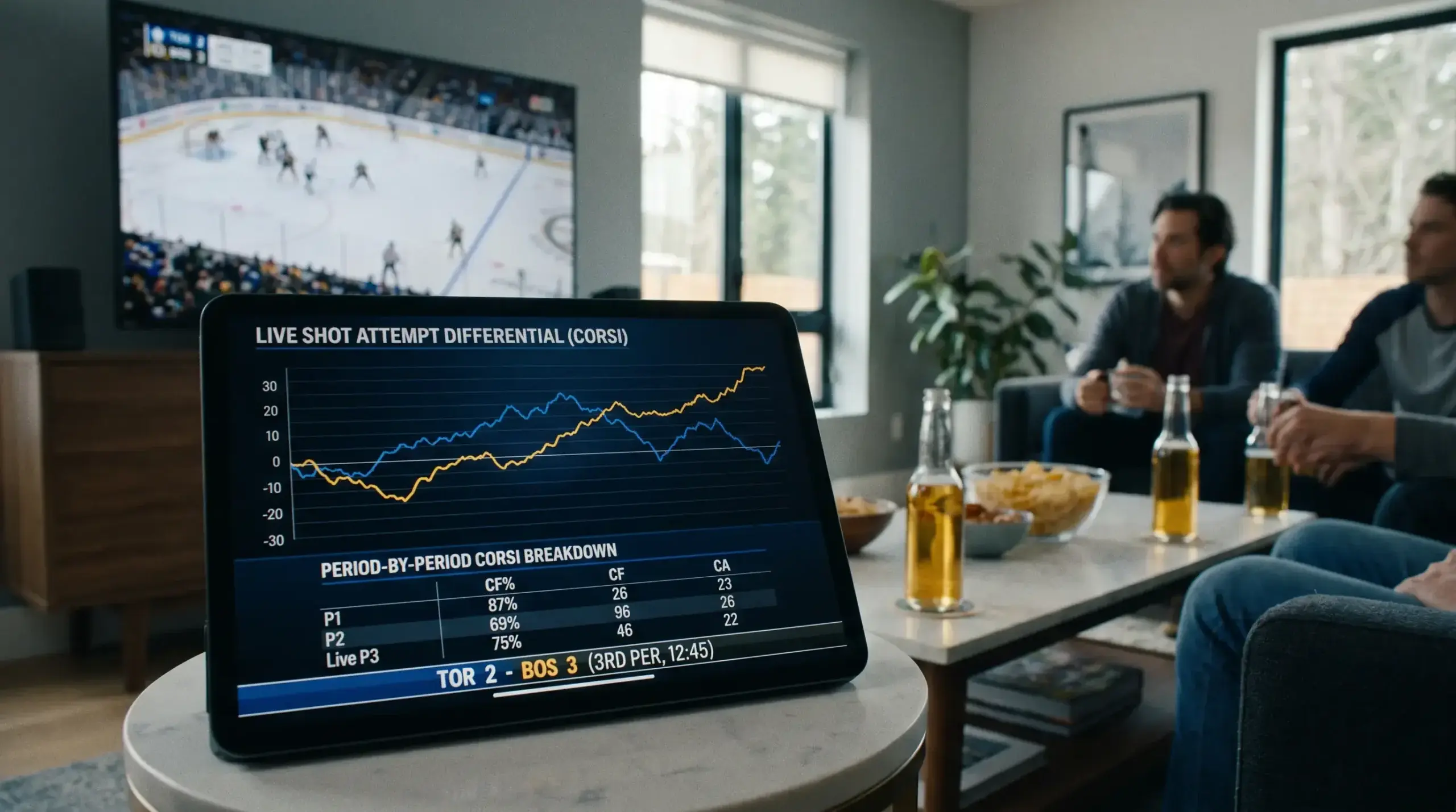 Live hockey game analytics overlay showing real-time shot attempt differential by period