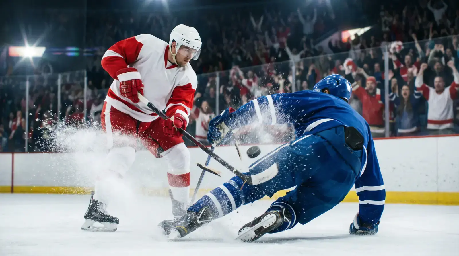 Hockey forward shooting at the net with the puck being blocked by a defender