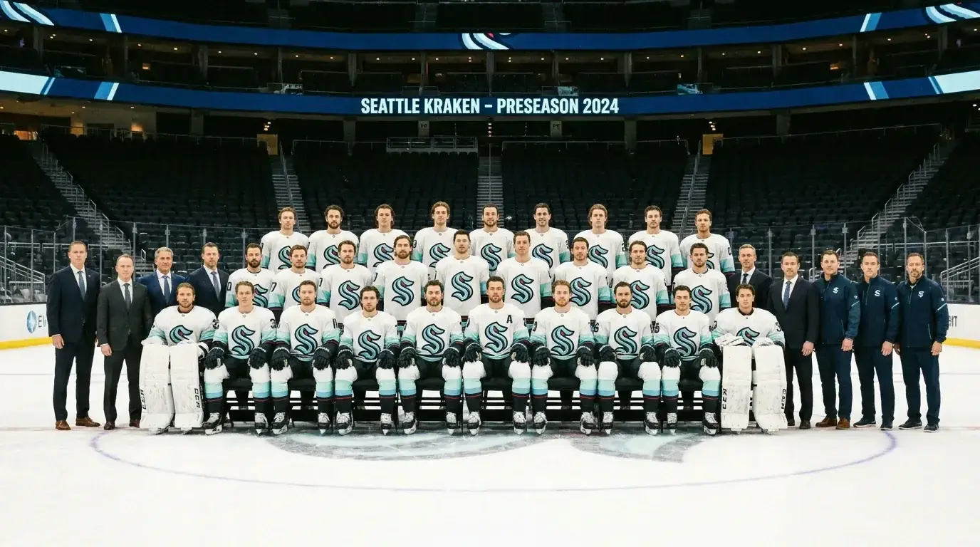 NHL team roster assembled on the ice for a preseason team photo
