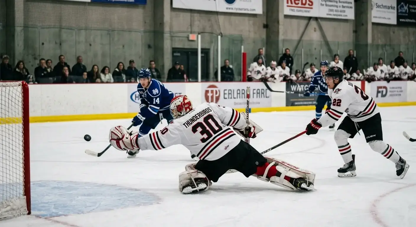 Hockey goaltender making a crucial save during a low-scoring defensive game