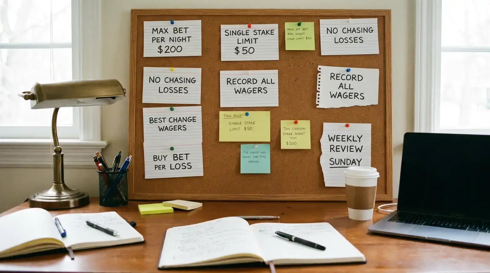 Handwritten betting rules pinned to a corkboard above a desk workspace
