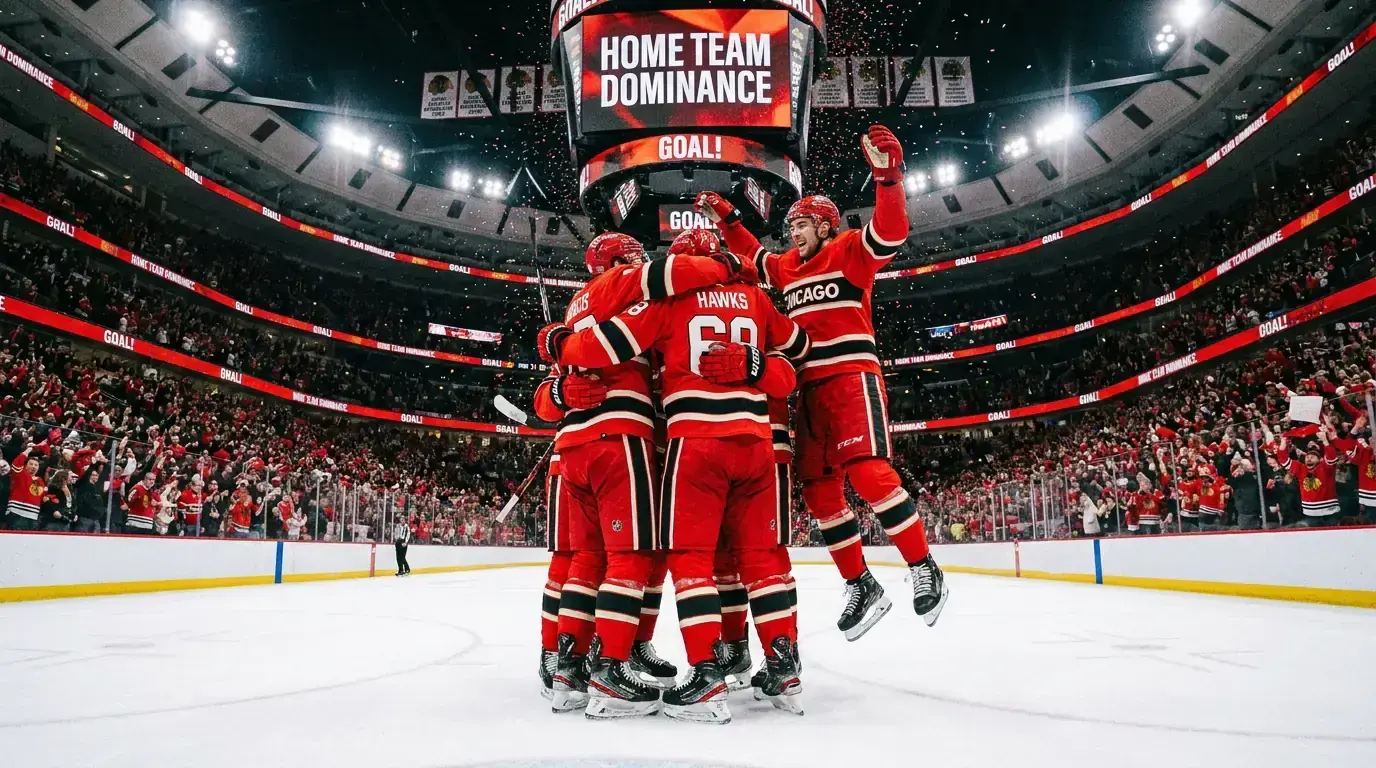 Strong NHL team celebrating a goal during a dominant home performance