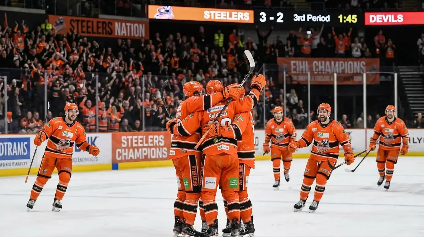 EIHL team celebrating a winning streak with players cheering on the ice