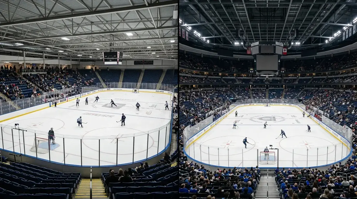 Side-by-side view of a compact EIHL rink and a large NHL arena