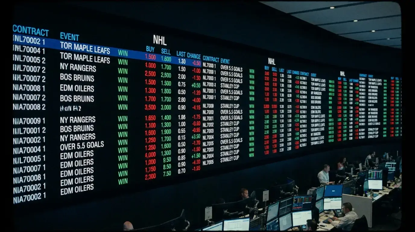 Financial trading-style screen displaying contract prices for NHL outcome events