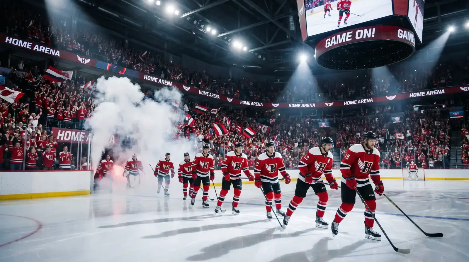 Home hockey team on the ice with a packed arena behind them