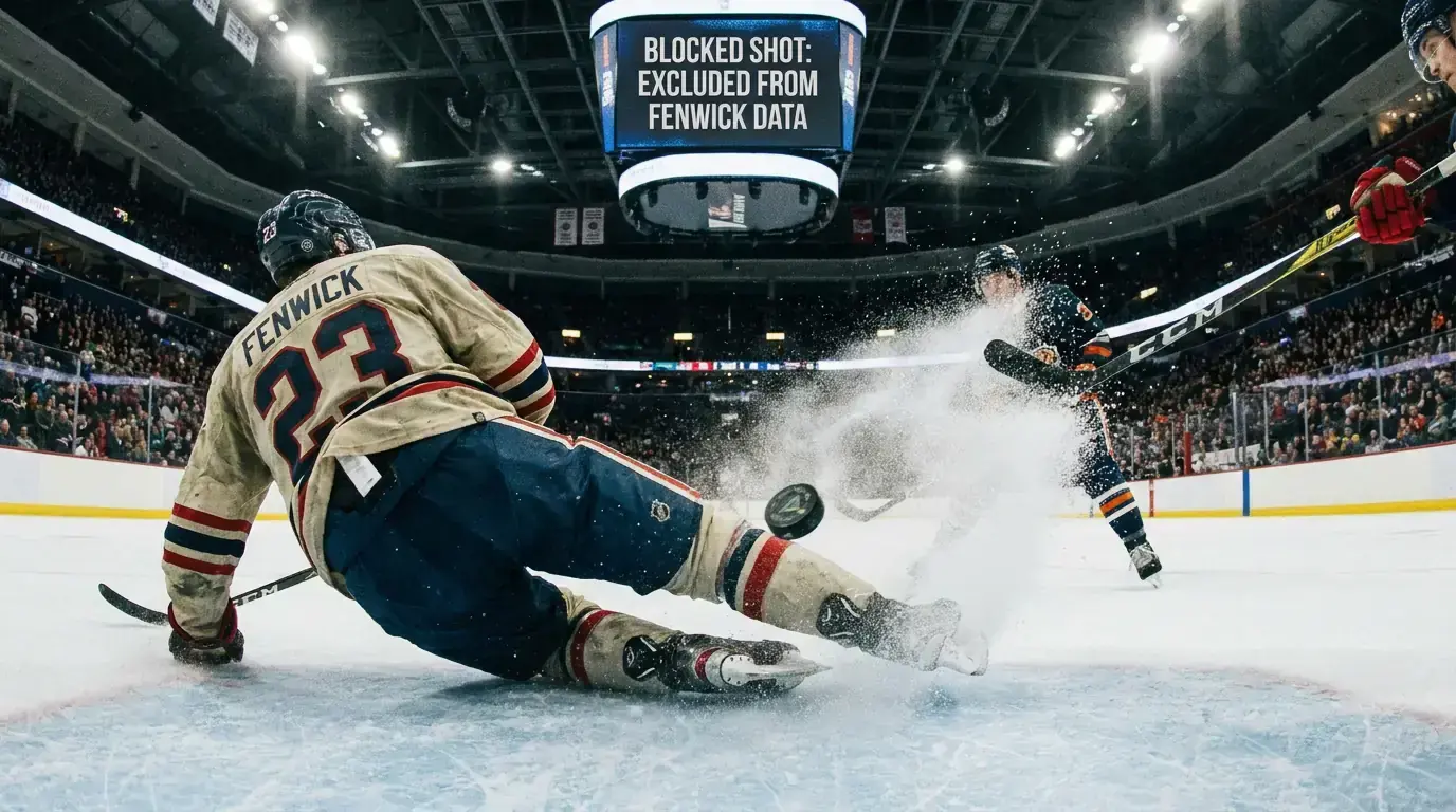 Defenceman diving to block a shot illustrating blocked shots excluded from Fenwick