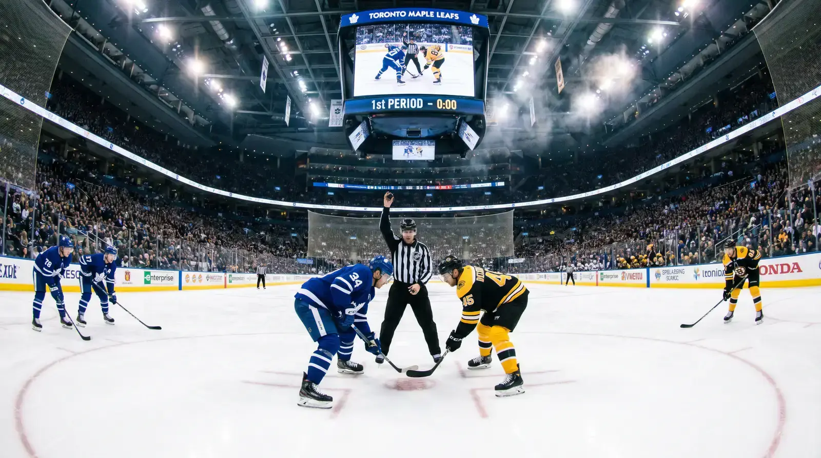 Face-off at centre ice to start the first period of an NHL game