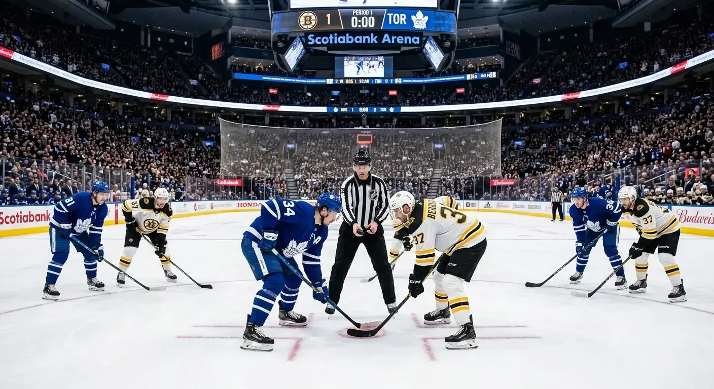 Two hockey teams lined up for a faceoff at the start of the first period