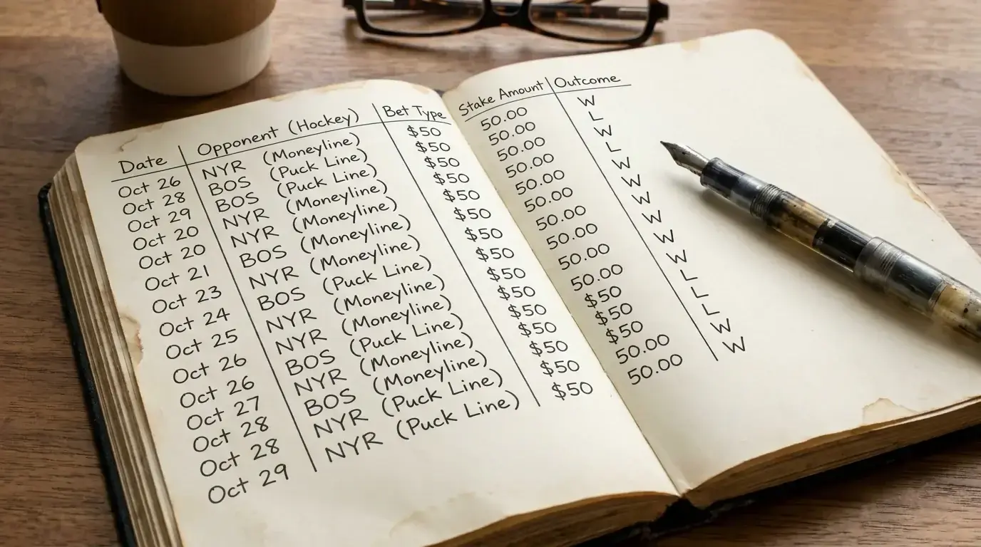 Notebook showing consistent flat stake entries for a series of hockey bets