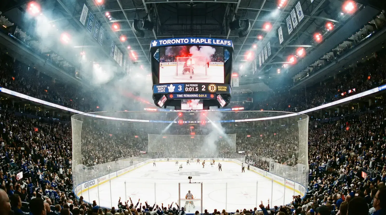 Hockey arena scoreboard showing game time and period information during regulation play