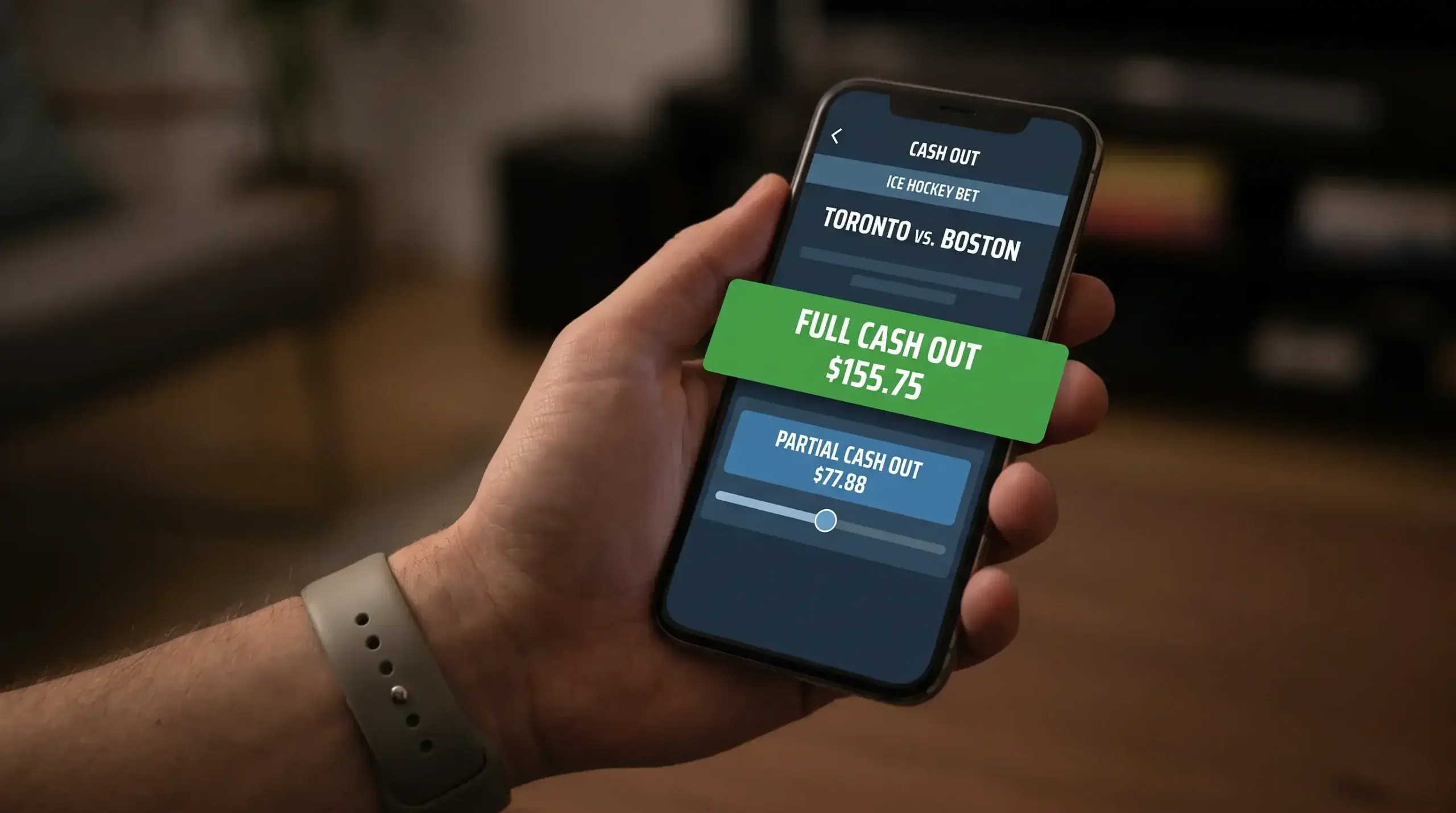 Smartphone showing a hockey bet with full and partial cash-out options