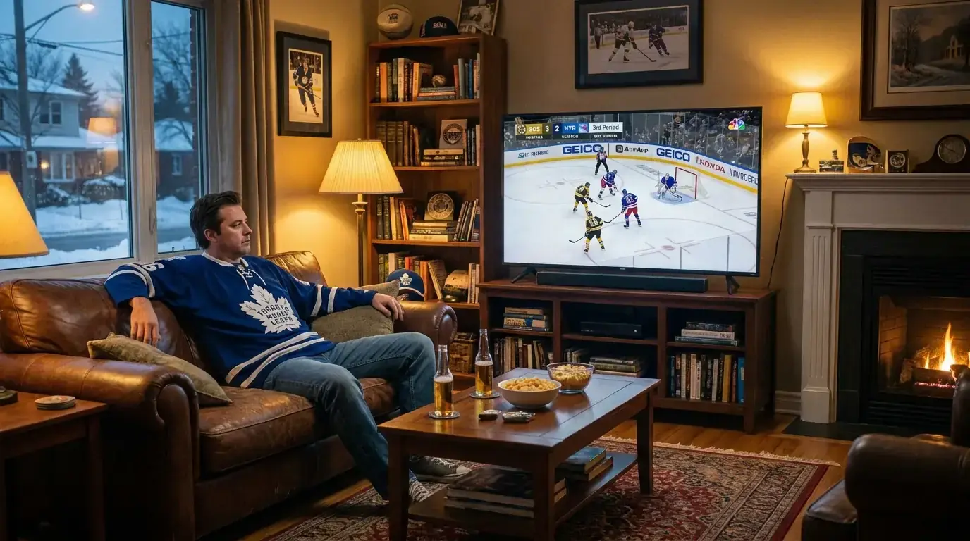 Hockey fan watching an NHL game on television at home during the evening