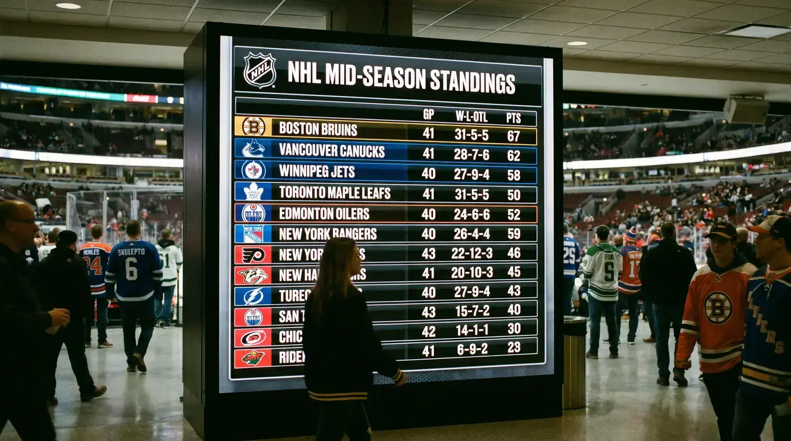 Hockey standings board showing team rankings mid-season with playoff implications