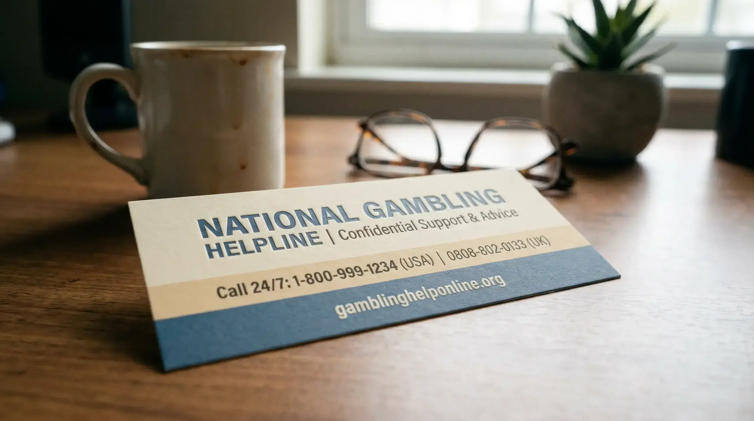 Support hotline information card with contact details for gambling help services
