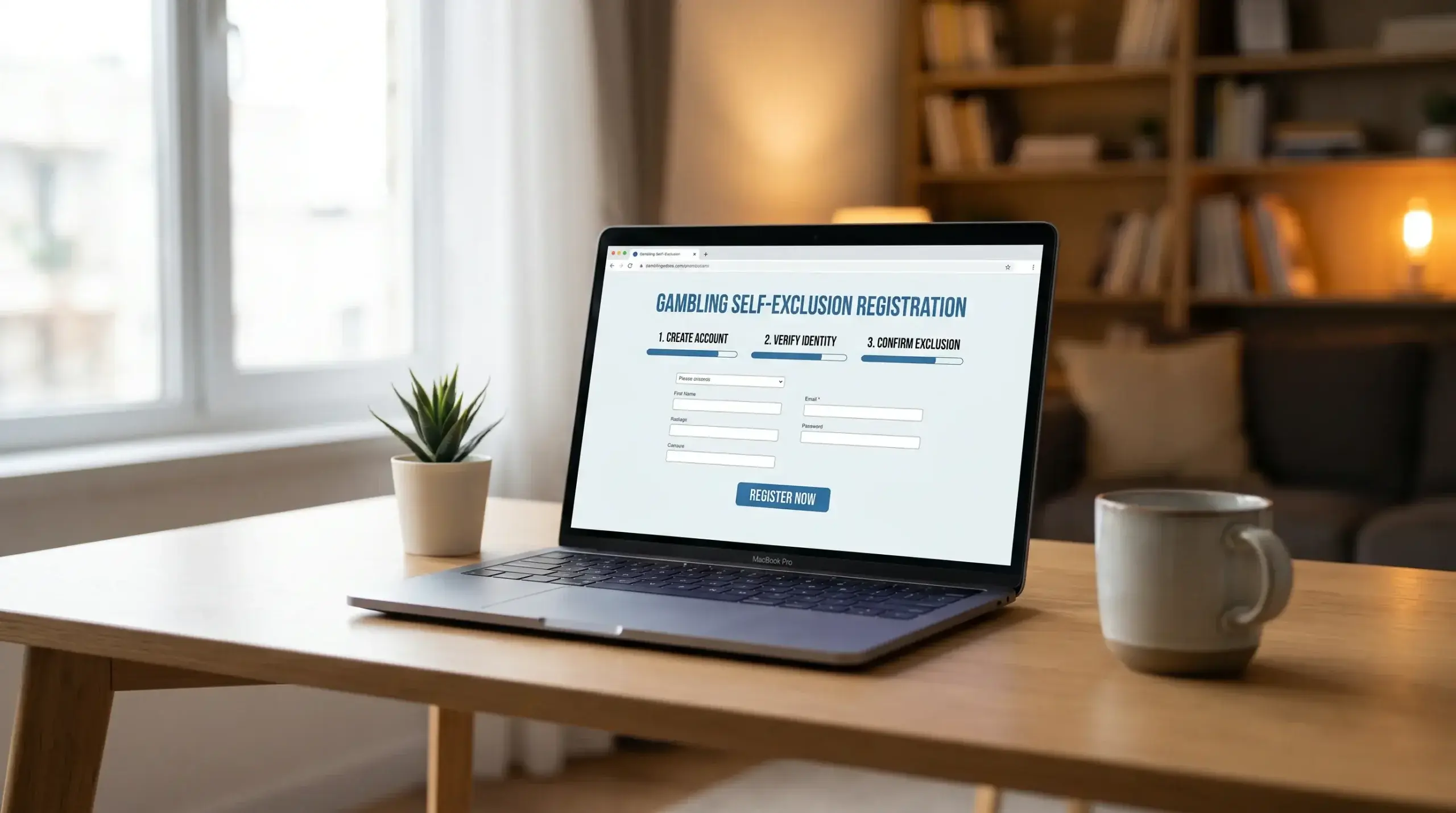 GamStop website landing page displayed on a laptop for self-exclusion registration
