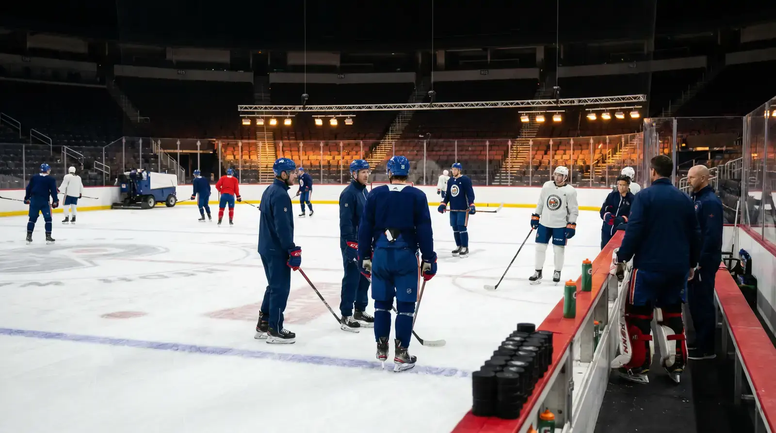 NHL morning skate with players warming up on the ice before a game