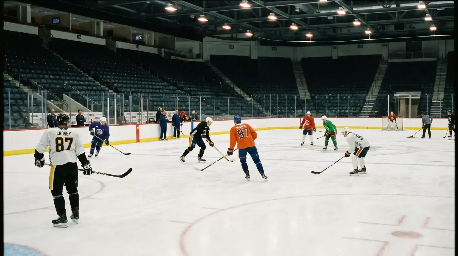 NHL players during morning skate warmup on an arena ice surface