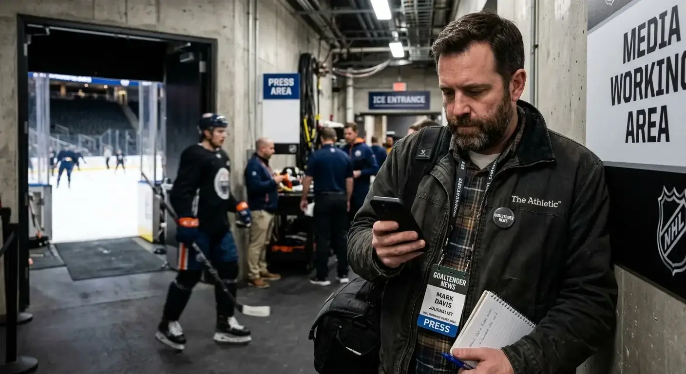 NHL beat reporter checking their phone for morning skate goaltender news