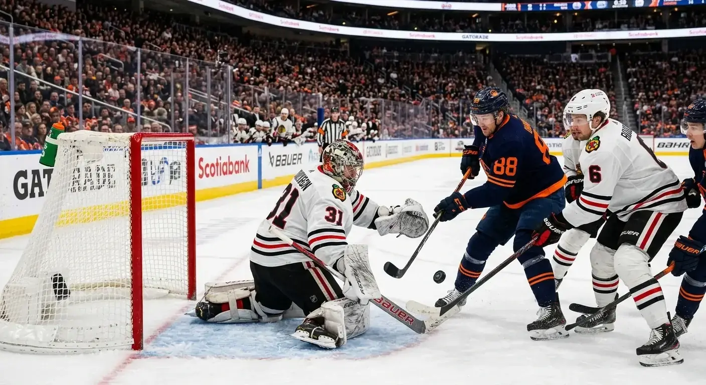 Goaltender facing a barrage of shots during a busy NHL game