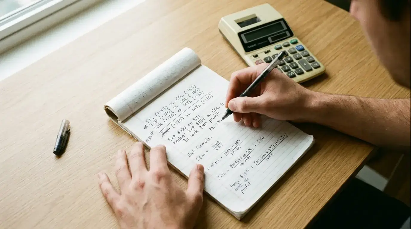 Person calculating hedge bet amounts on paper with hockey odds in front of them