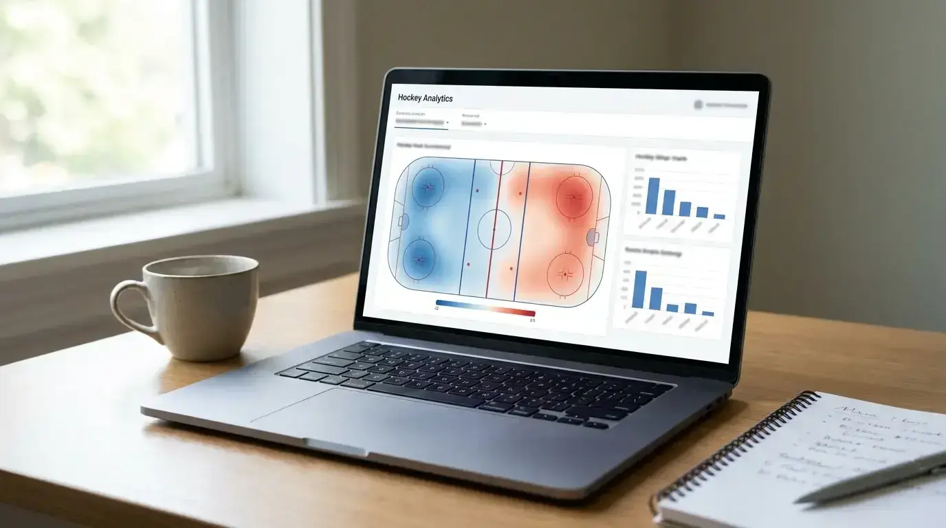 Laptop screen displaying ice hockey analytics dashboard with xG and Corsi data visualisations