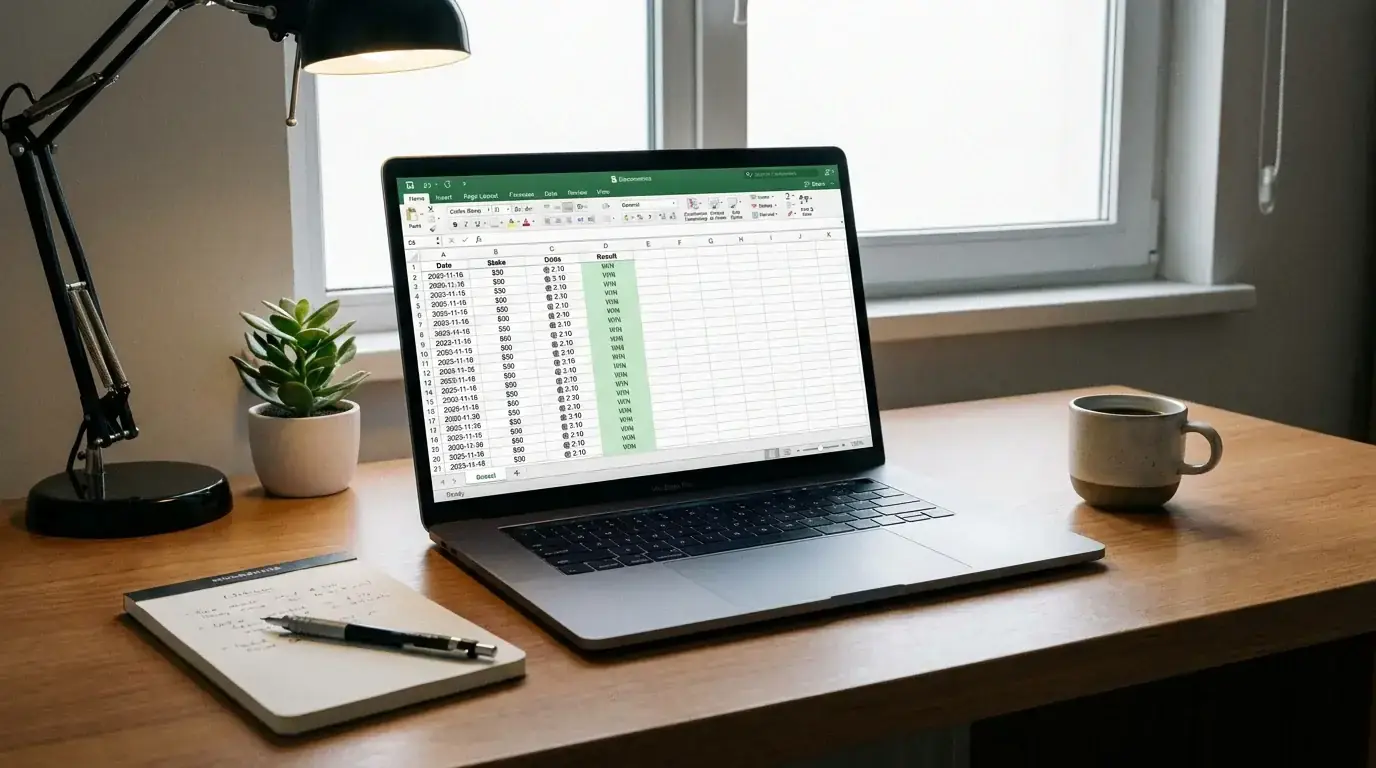 Organised betting workspace with a spreadsheet tracking hockey wagers and bankroll
