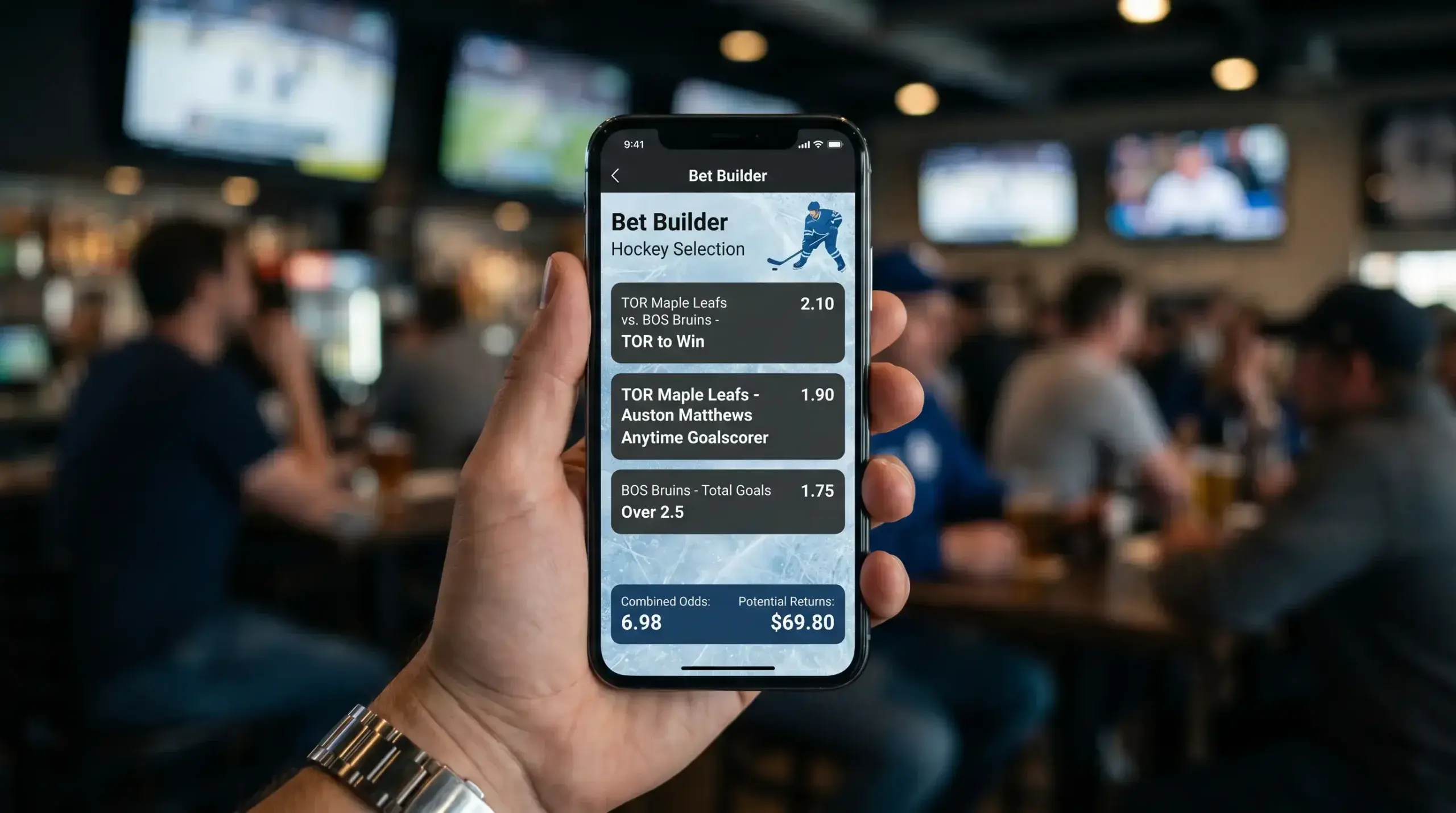 Smartphone screen showing a hockey Bet Builder interface with multiple selections