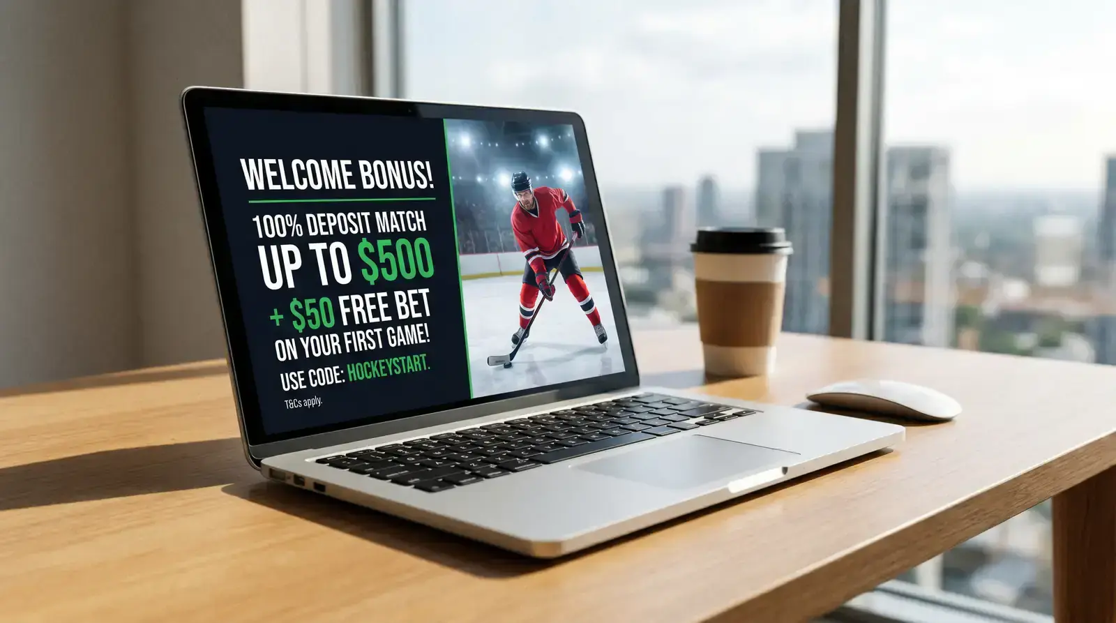 Welcome bonus promotional banner on a hockey betting site displayed on a laptop
