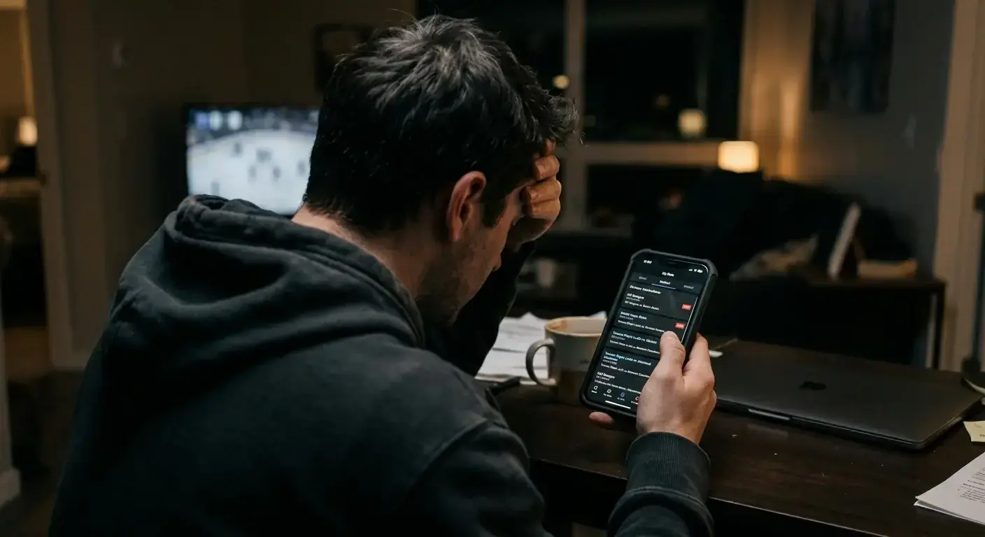 Frustrated hockey bettor reviewing a losing betting history on their phone